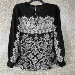 BCBGMAXAZRIA Womens Black & White Lace Print Blouse - Size Small - Romantic Goth